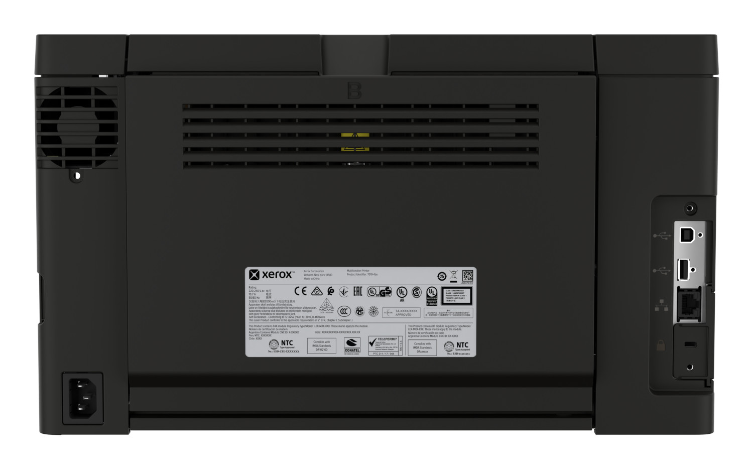 Rückseite eines schwarzen Xerox-Druckers mit Lüftungsschlitzen, Typenschild, Netzeinspeisung und USB-/Netzwerkanschlüssen.