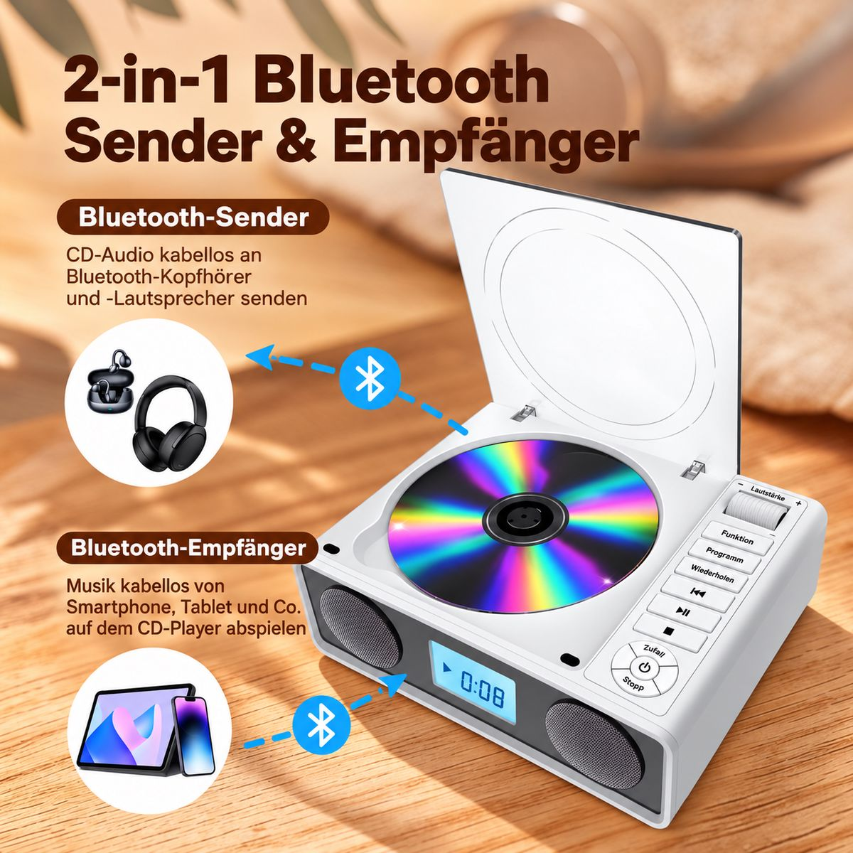 Weißer 2-in-1 Bluetooth CD-Player und Sender auf Holzoberfläche mit deutschen Erklärtexten.