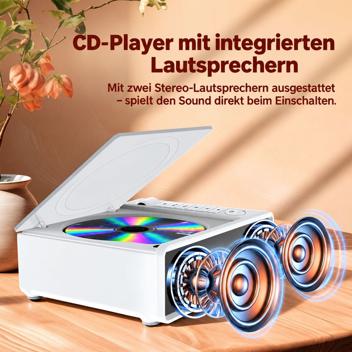 Weißer CD-Player mit geöffnetem Deckel, eingelegter CD und hervorgehobenen Lautsprechern.