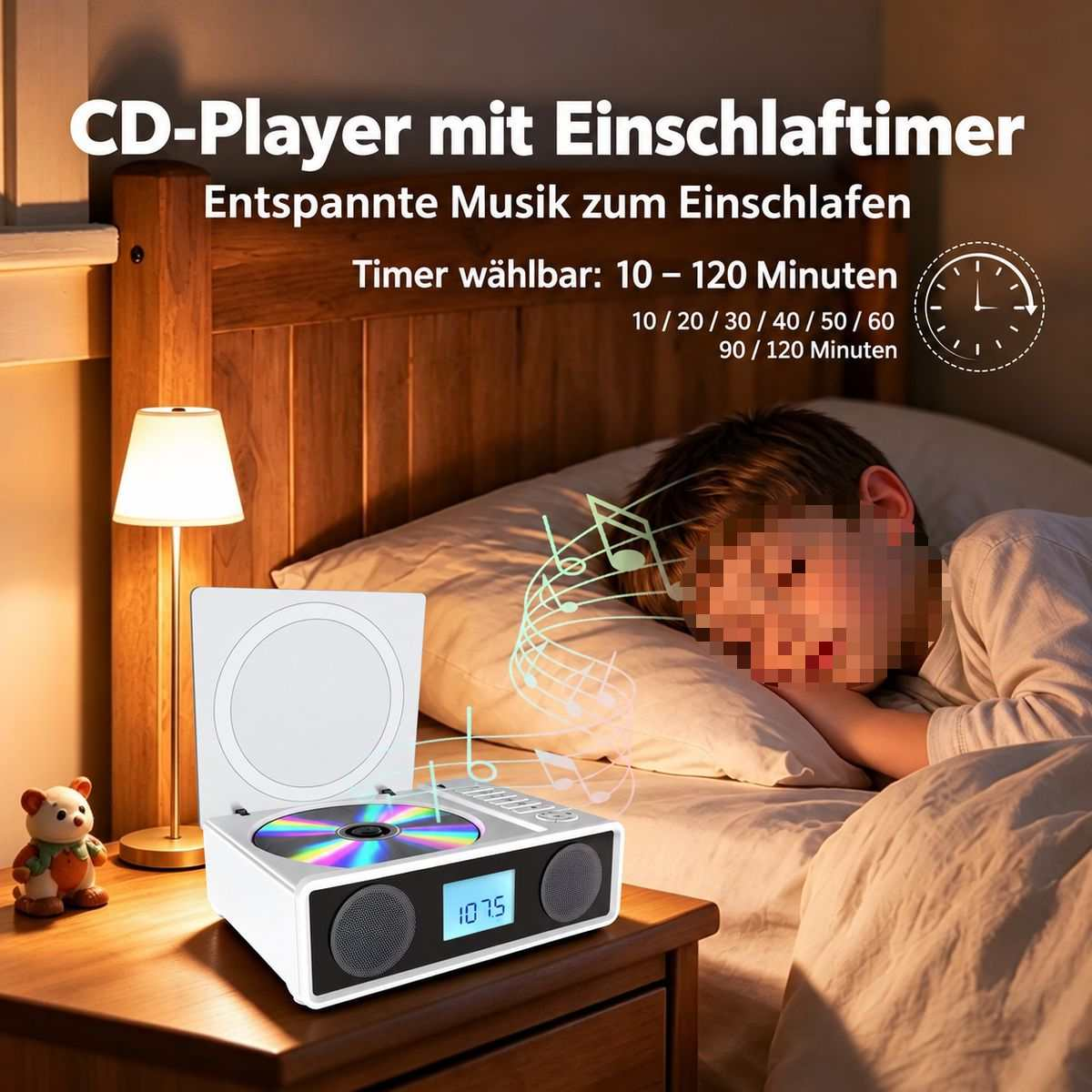 Ein Kind schläft im Bett, während ein CD-Player auf dem Nachttisch Musik spielt und German Text zu sehen ist.
