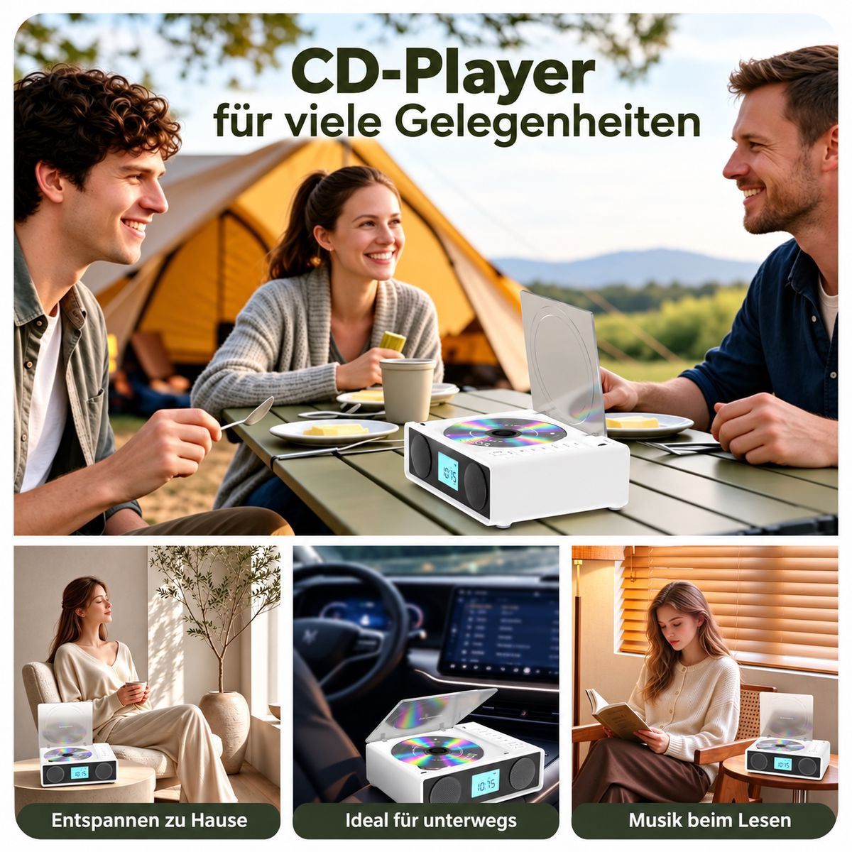 Ein weißer CD-Player wird in verschiedenen Szenen beim Camping, zu Hause, im Auto und beim Lesen gezeigt.
