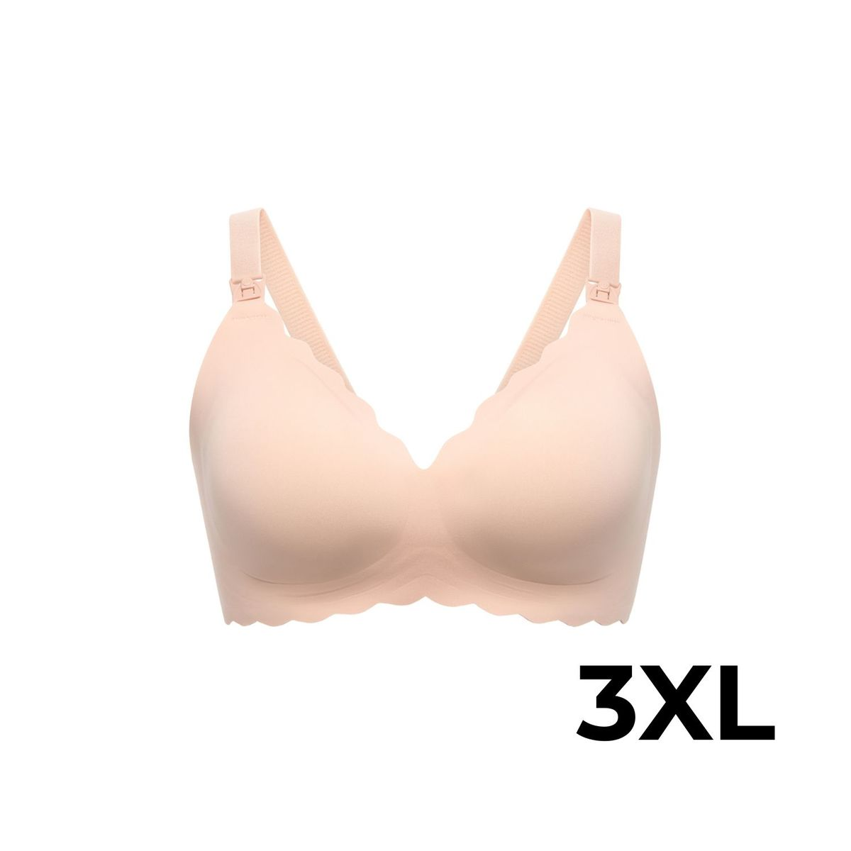 Ein nudefarbener Still-BH mit Wellenkanten und der Aufschrift 3XL.