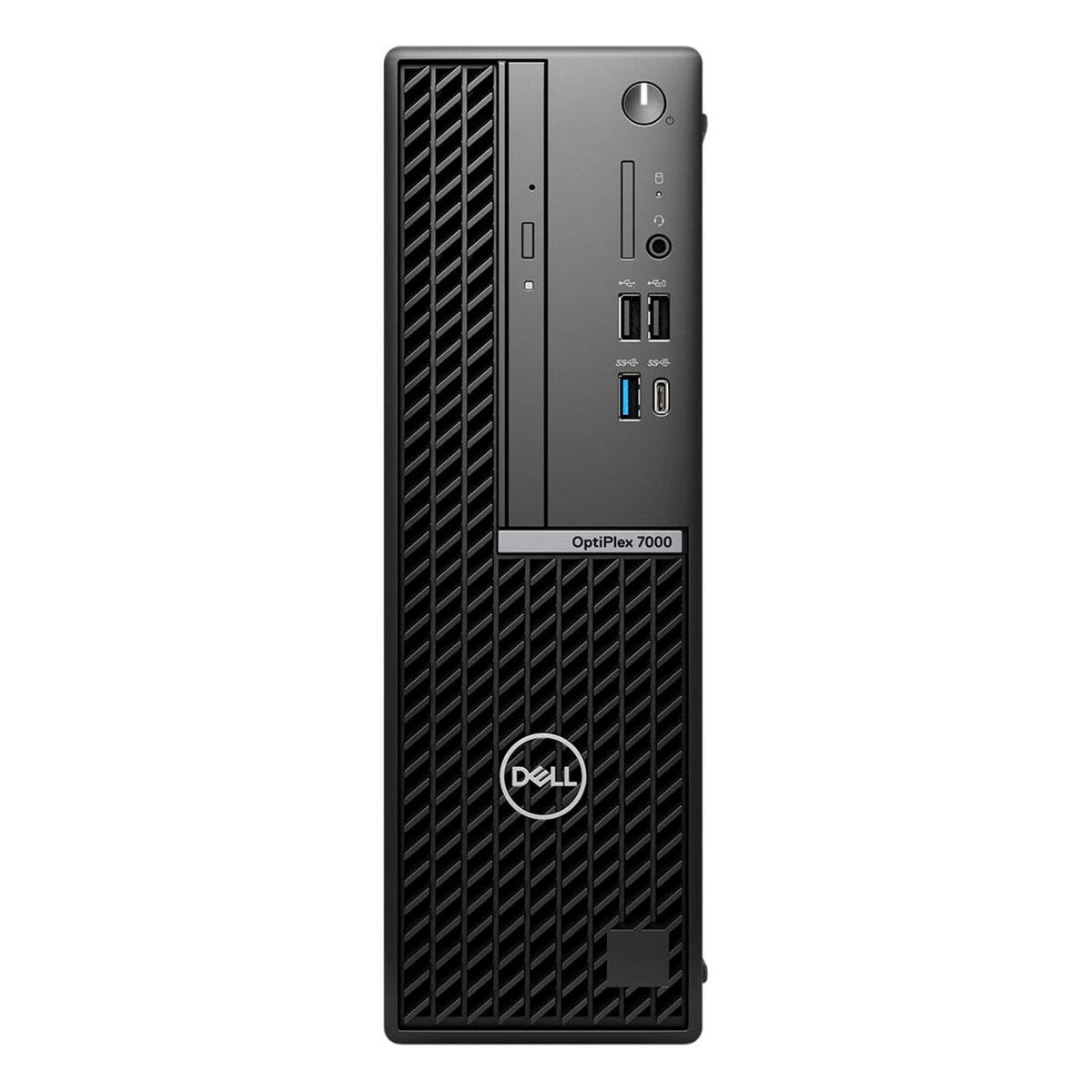 Vorderansicht eines schwarzen Dell OptiPlex 7000 Desktop-Computer-Towers mit USB-Anschlüssen, Laufwerk und Ein-Aus-Taste.