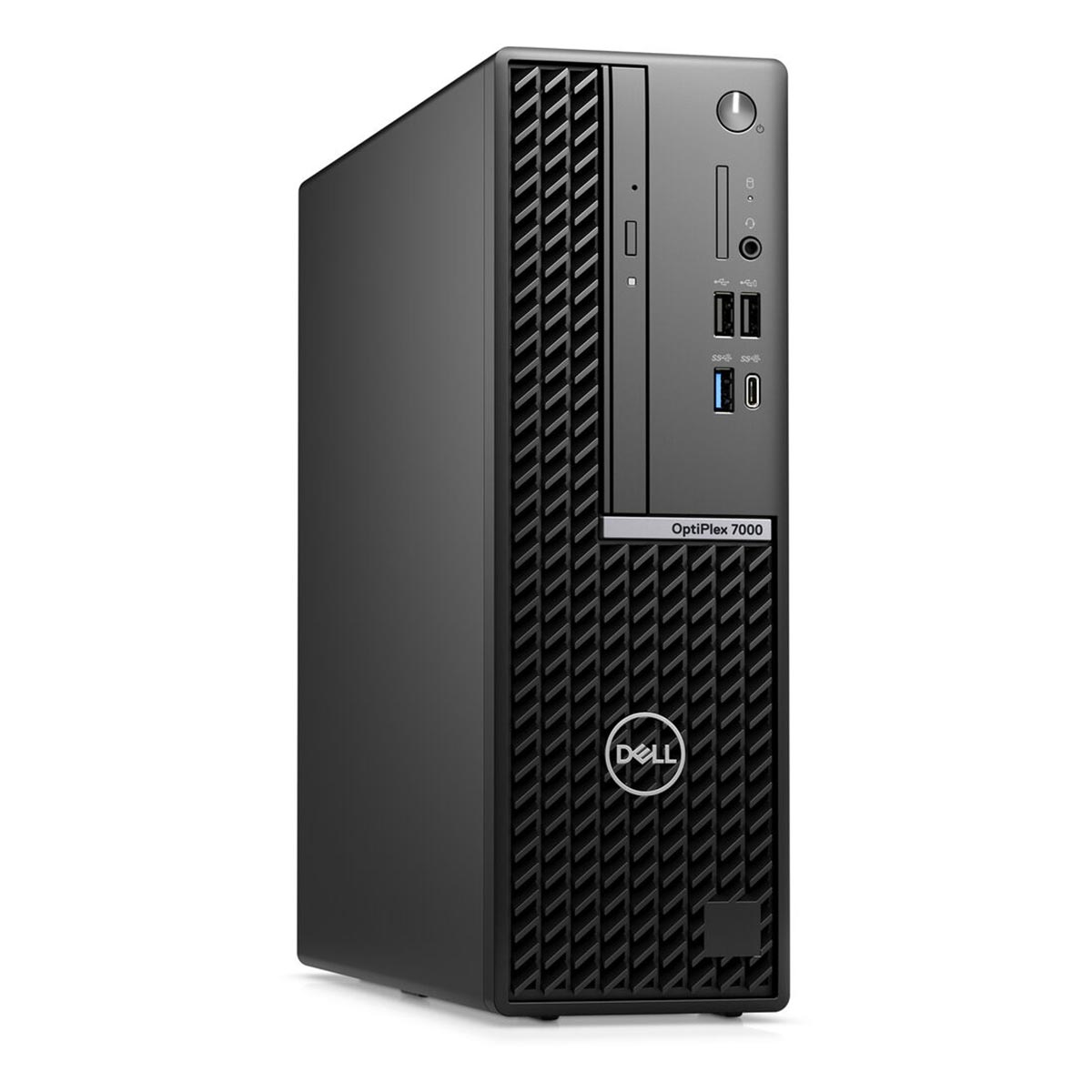 Ein schwarzer Dell OptiPlex 7000 Desktop-Computer-Tower steht aufrecht vor einem weißen Hintergrund.