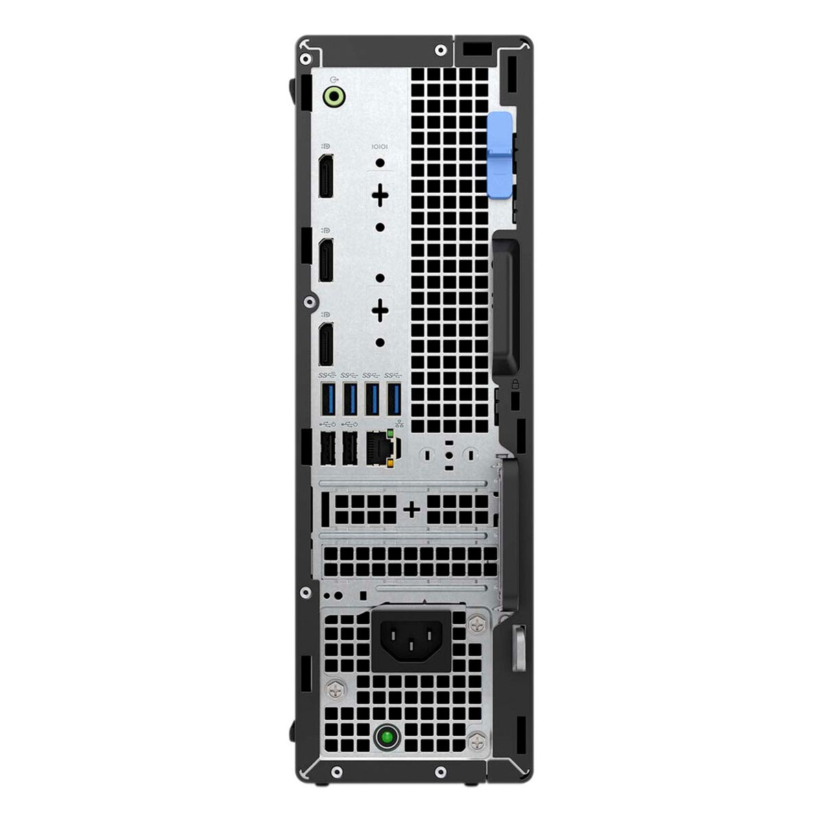 Rückseite eines Desktop-PCs mit verschiedenen Anschlüssen, Lüftungsgittern und einem Netzteileingang.