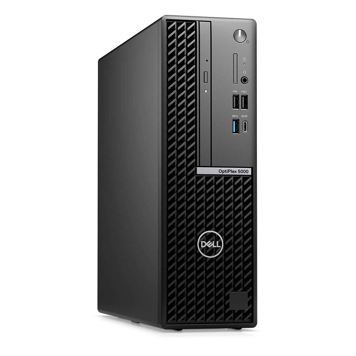 Ein schwarzer Dell OptiPlex 5000 Small Form Factor Desktop-Computer vor weißem Hintergrund.