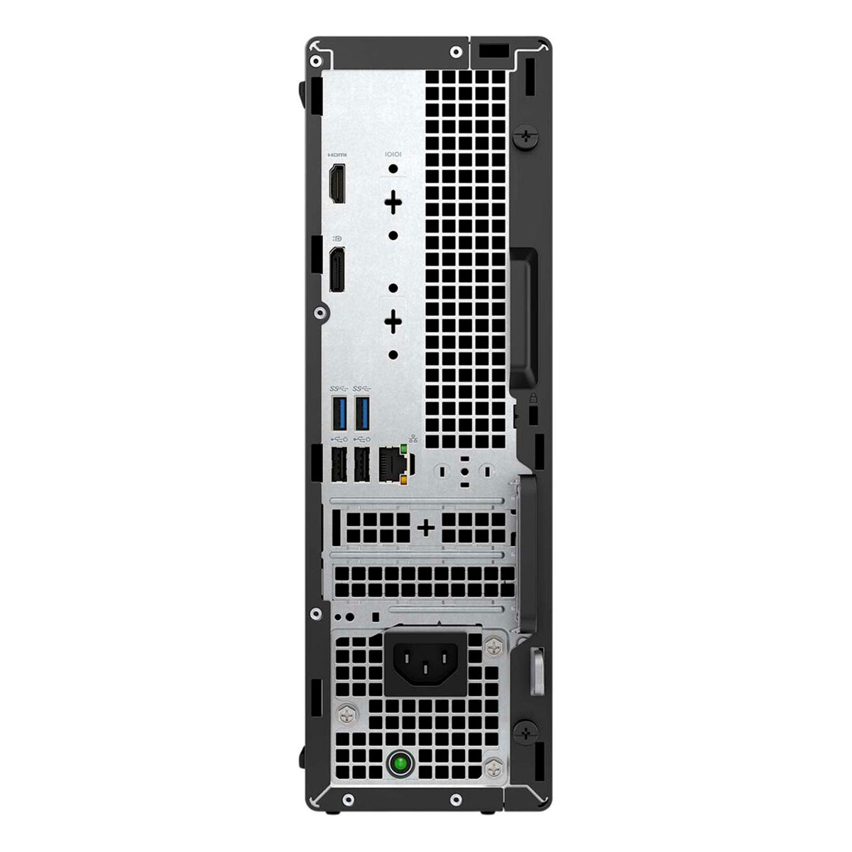 Rückseite eines schwarzen Computergehäuses mit verschiedenen Anschlüssen, Lüftungsgittern und Netzteil.