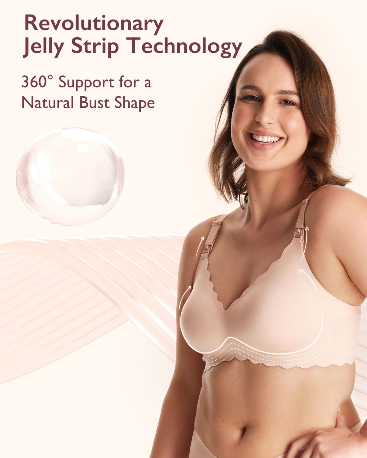 Lächelnte Frau in beige Still-BH mit grafischen Support-Linien und Text über Jelly-Technologie.
