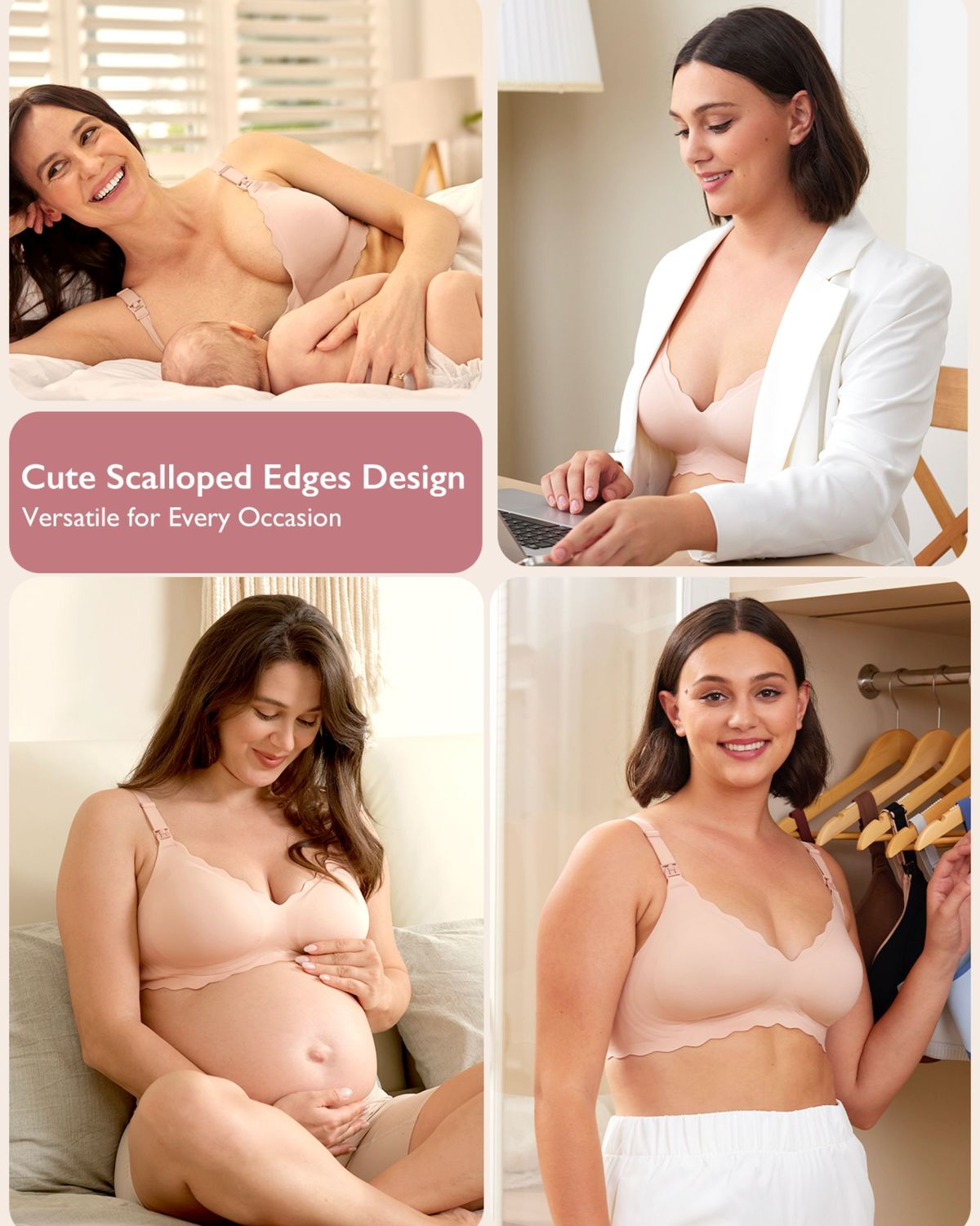 Vier Bilder von Frauen, die nudefarbene Umstands- und Still-BHs mit Wellenkanten in verschiedenen Alltagssituationen tragen.