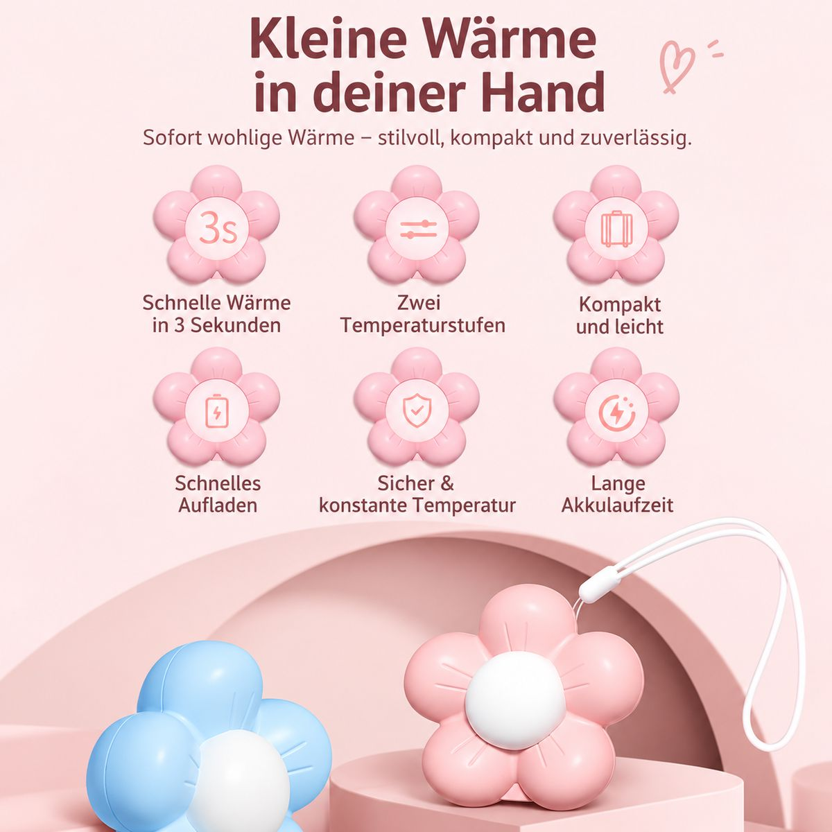 Rosa Plakat mit Text und Icons zeigt blumenförmige Handwärmer in Rosa und Blau.