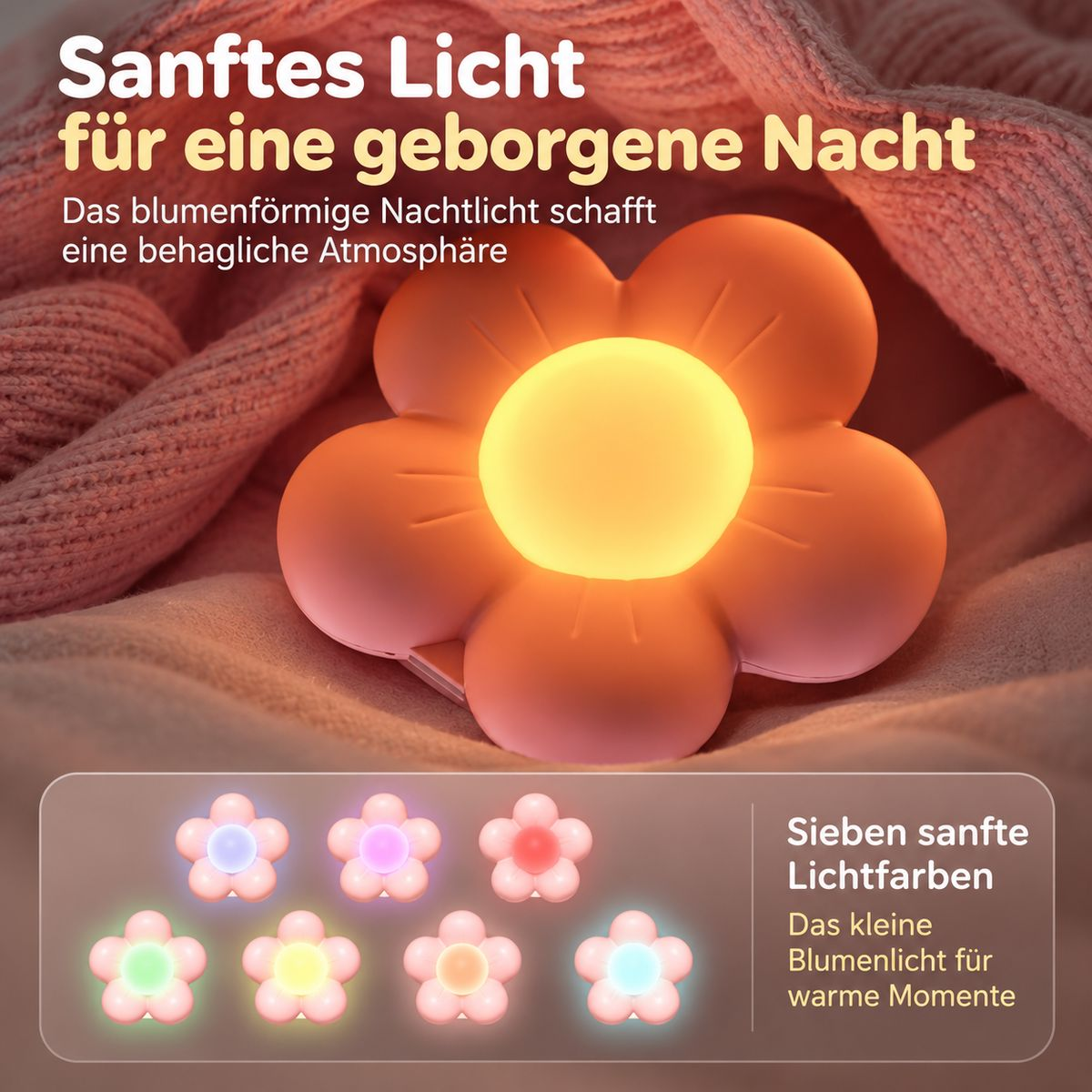 Ein blumenförmiges Nachtlicht in Rosa auf einer weichen Decke leuchtet warm, mit sieben Farboptionen.