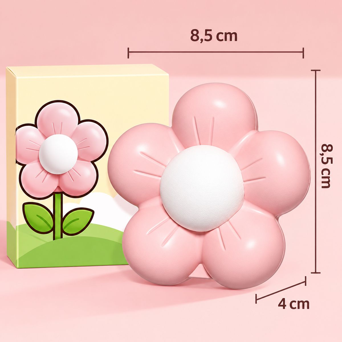 Rosa, blütenförmiger Gegenstand mit Abmessungen von 8,5 x 8,5 x 4 cm neben einer bunten Verpackung.