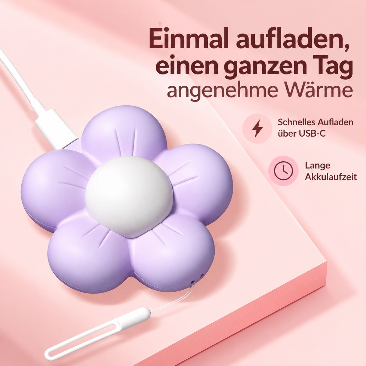 Ein lila handwärmer in Blumenform auf rosa Hintergrund, verbunden mit USB-C-Ladekabel, mit deutschem Werbetext.