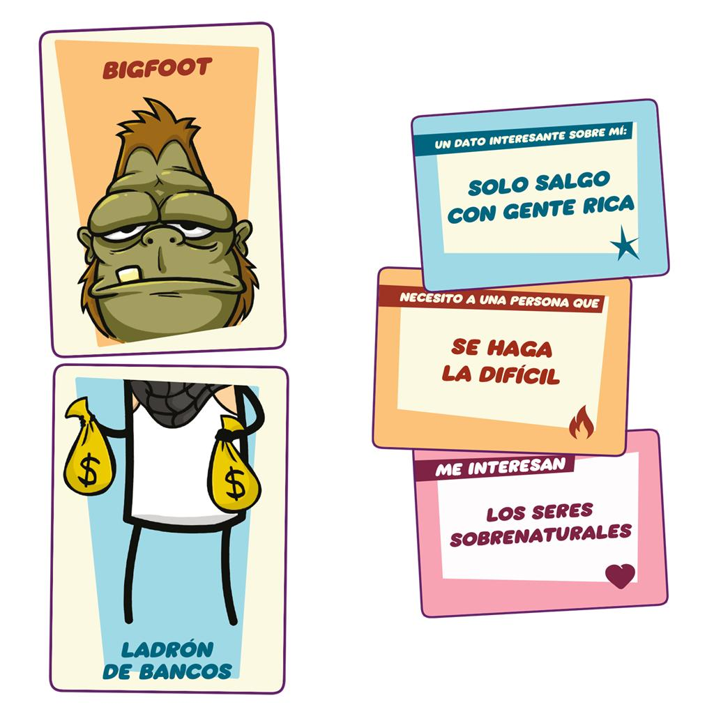 Cartas de juego con Bigfoot, un ladrón de bancos y texto en español.