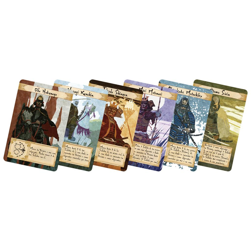Seis cartas de juego de samuráis japoneses con guerreros ilustrados y texto.