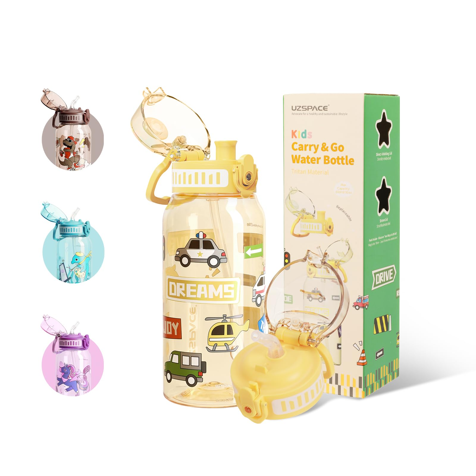 Gelbe Kinderwasserflasche mit Aufklebern, Deckel und passender Verpackung; drei Farbvarianten links gezeigt.