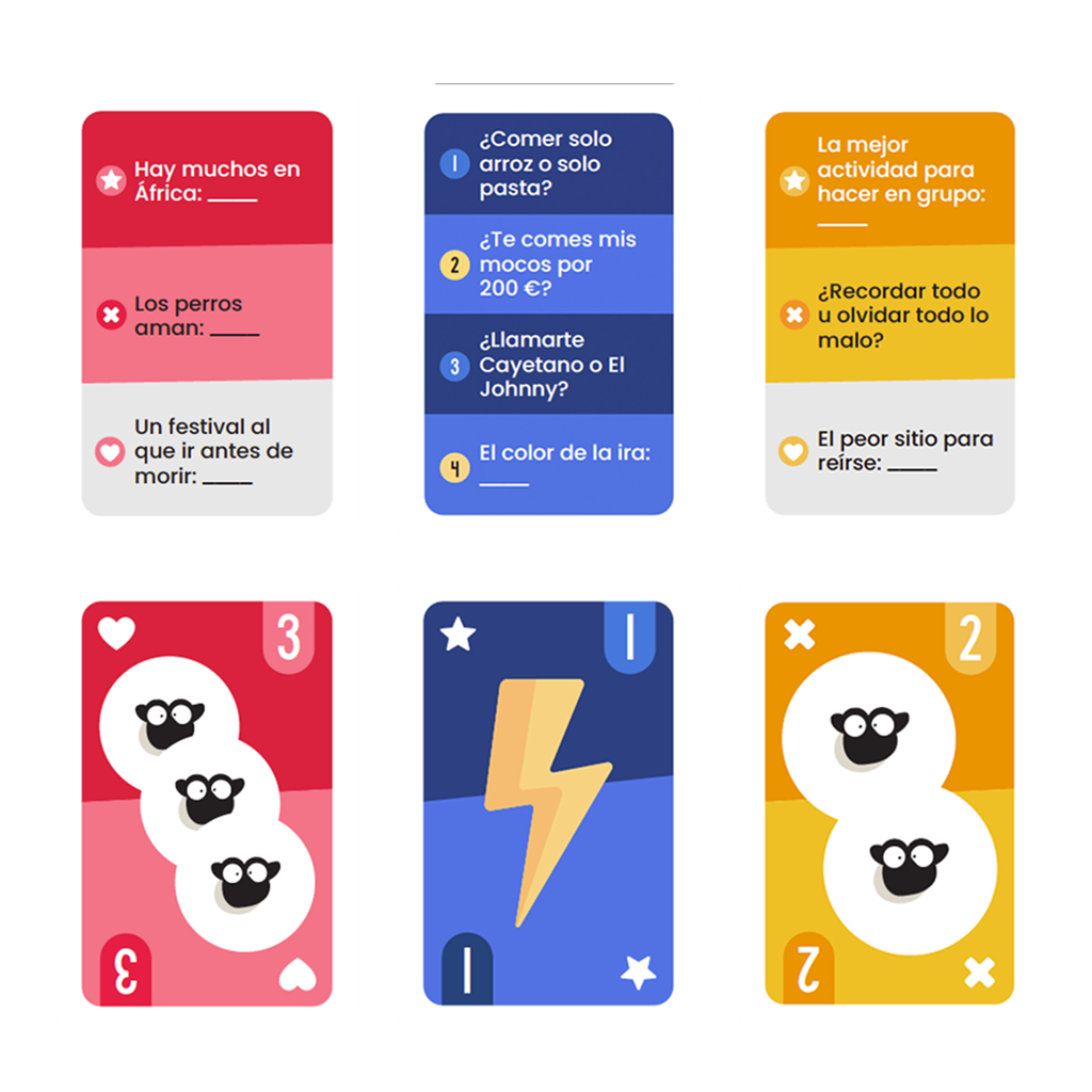 Seis cartas de juego coloridas con preguntas de texto e ilustraciones de ovejas.