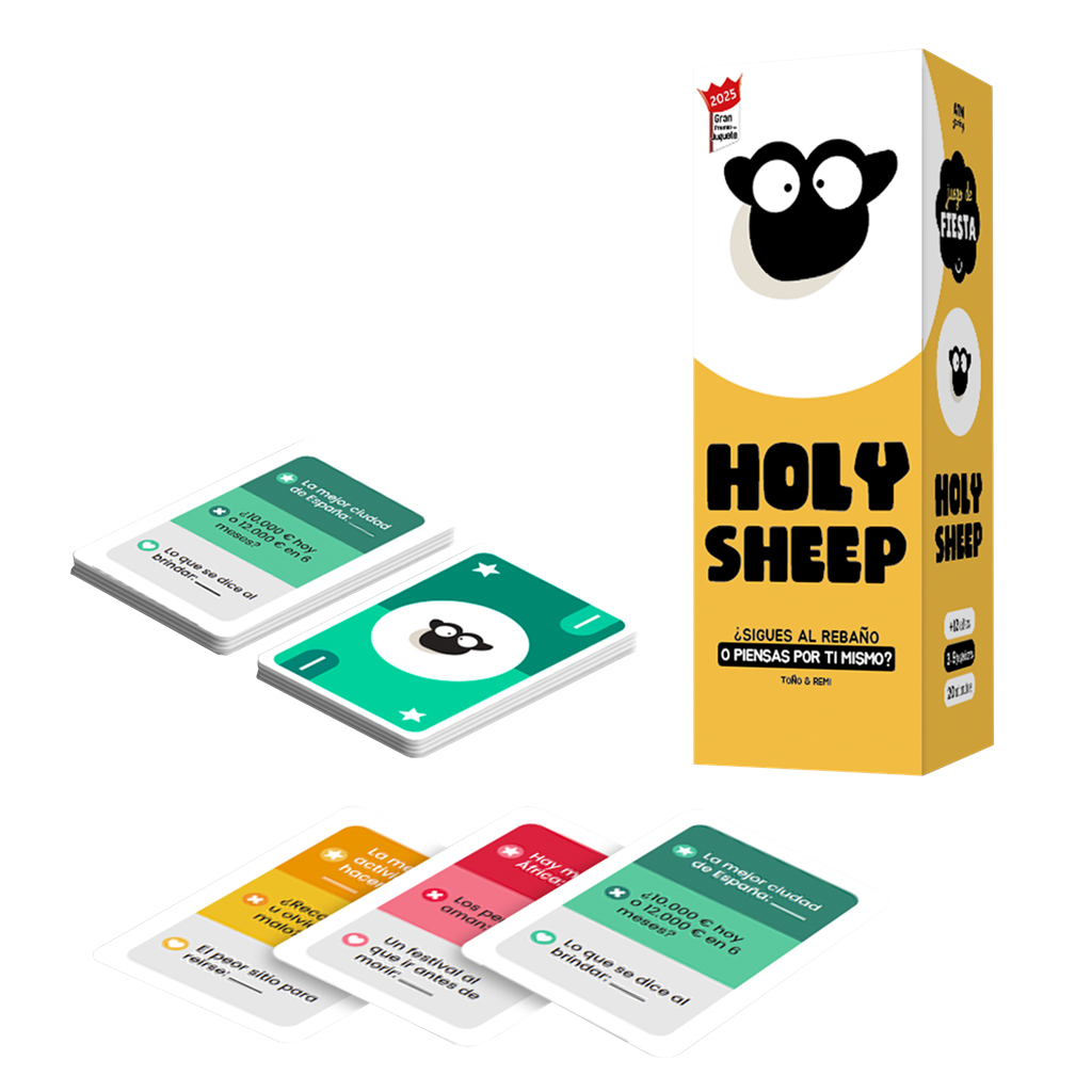 El juego de cartas Holy Sheep con empaque amarillo y naipes coloridos sobre fondo blanco.