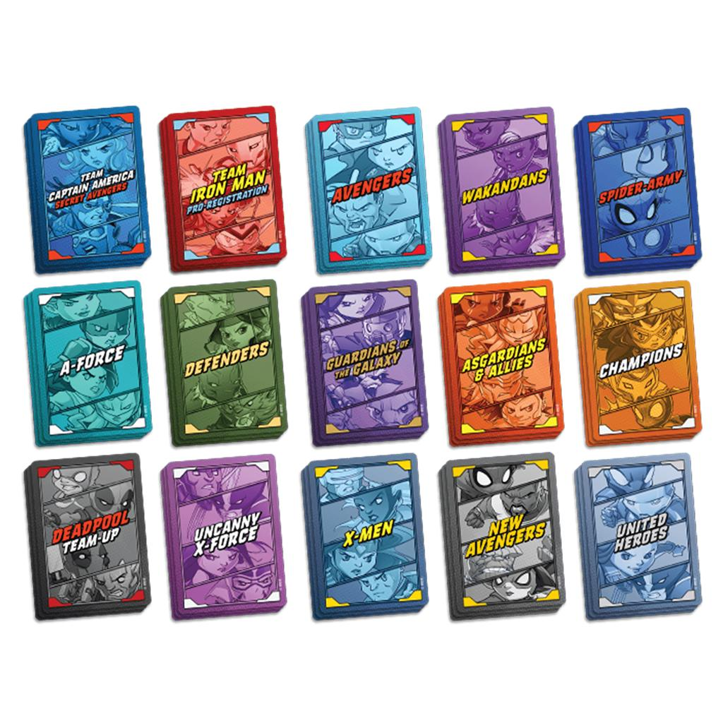 Quince mazos de cartas de colores con superhéroes de Marvel como Vengadores y X-Men sobre fondo blanco.