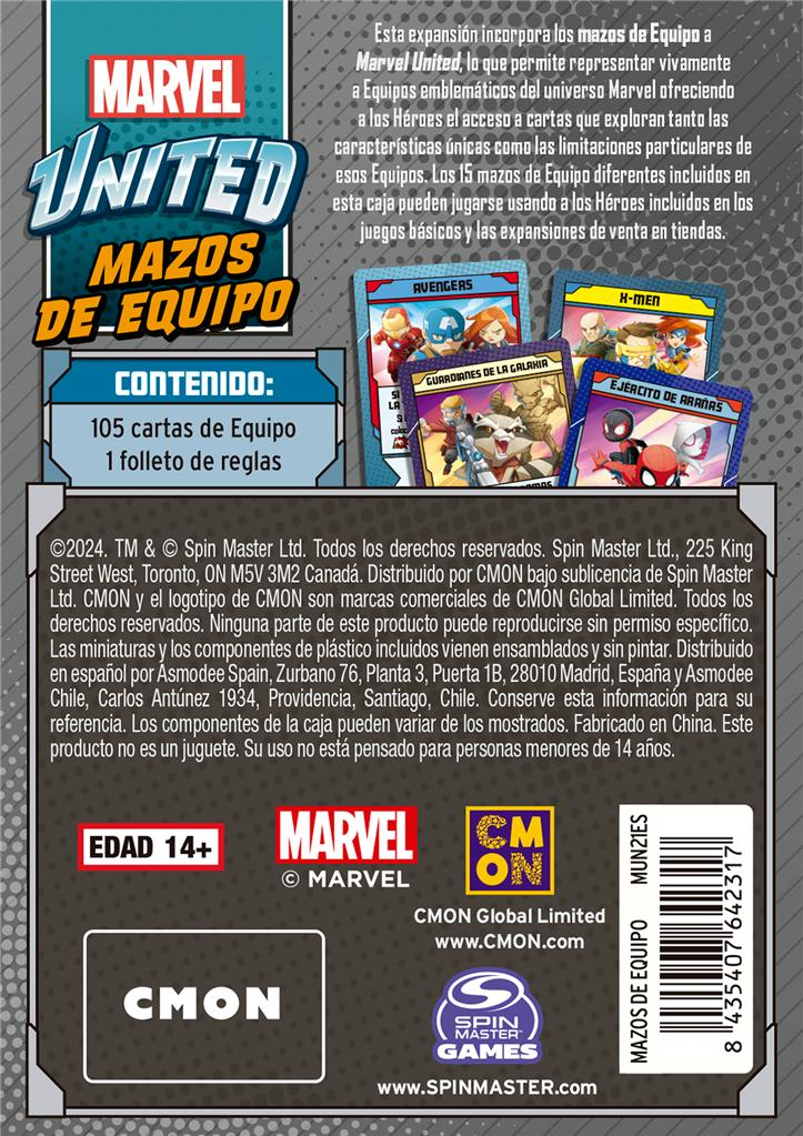 Parte trasera de la caja de la expansión de cartas Marvel United con contenido en español.