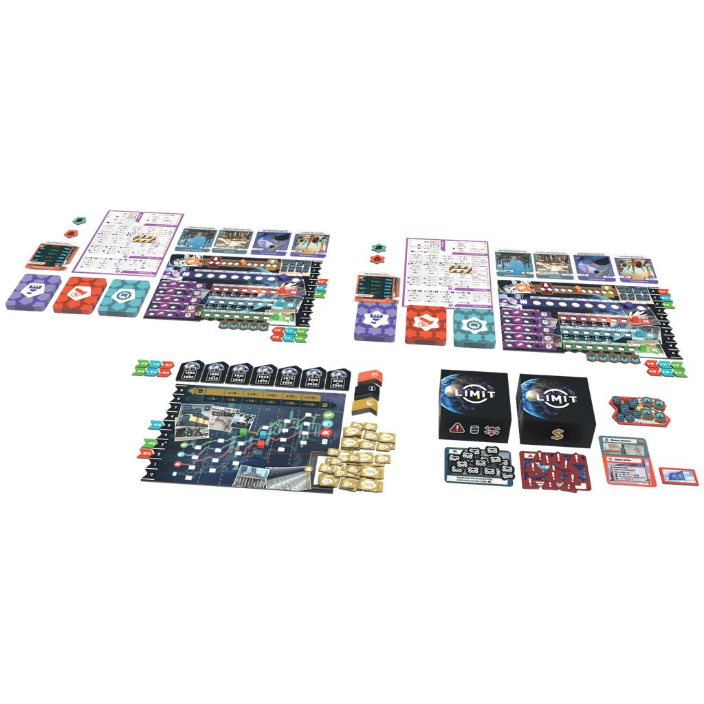 Un juego de mesa complejo con tableros de jugador, cartas, fichas y dos cajas negras Limit sobre fondo blanco.