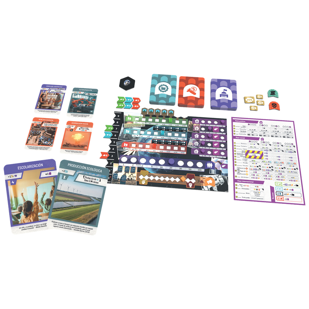 Un juego de mesa con cartas, fichas, un tablero principal y una hoja de referencia sobre fondo blanco.