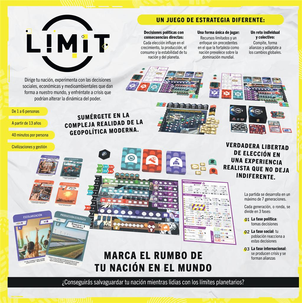 Cartel promocional del juego de mesa de estrategia Limit con cartas, tableros y texto.