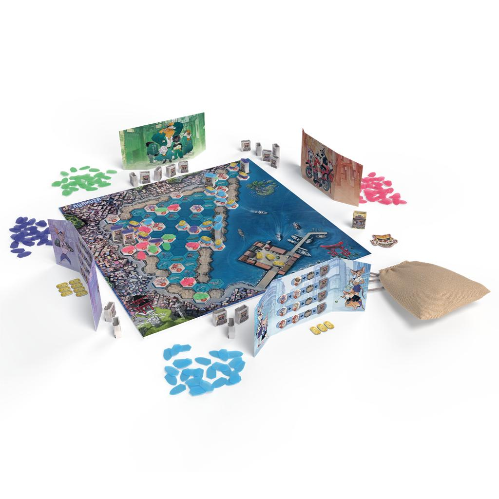 Un juego de mesa sobre fondo blanco, con un mapa de una isla azul, fichas coloridas, pantallas de jugador y una bolsa de tela.