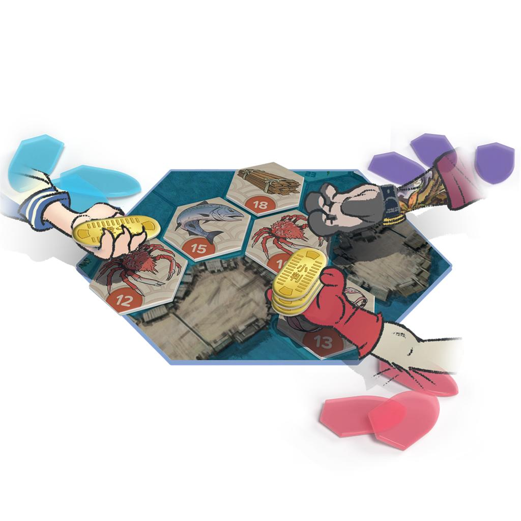 Juego de mesa con fichas hexagonales de peces, cangrejos y monedas.