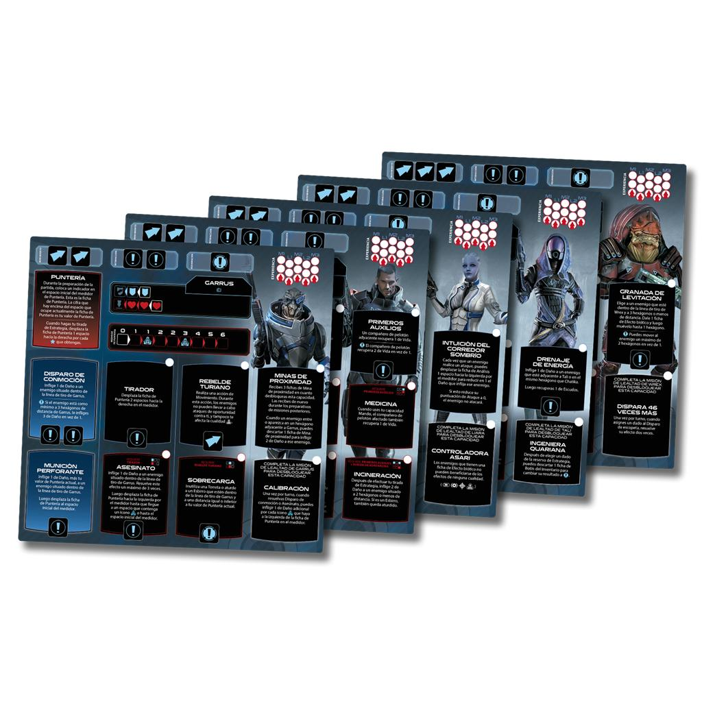 Varias cartas de juego negras con retratos de personajes y texto, apiladas ligeramente desplazadas.