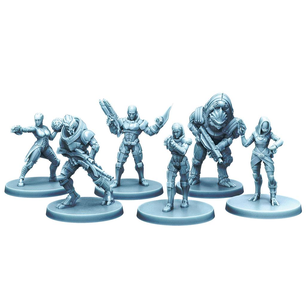 Seis figuras de ciencia ficción grises en poses de acción sobre bases redondas.
