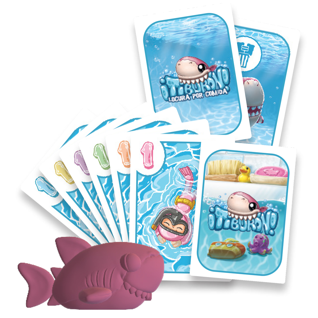 Cartas de juego con tiburones de dibujos animados y una figura de tiburón rosa.