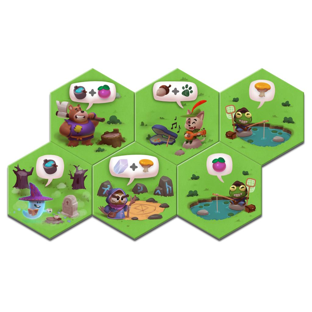 Seis fichas hexagonales verdes con lindos animales de dibujos animados y símbolos sobre fondo blanco.