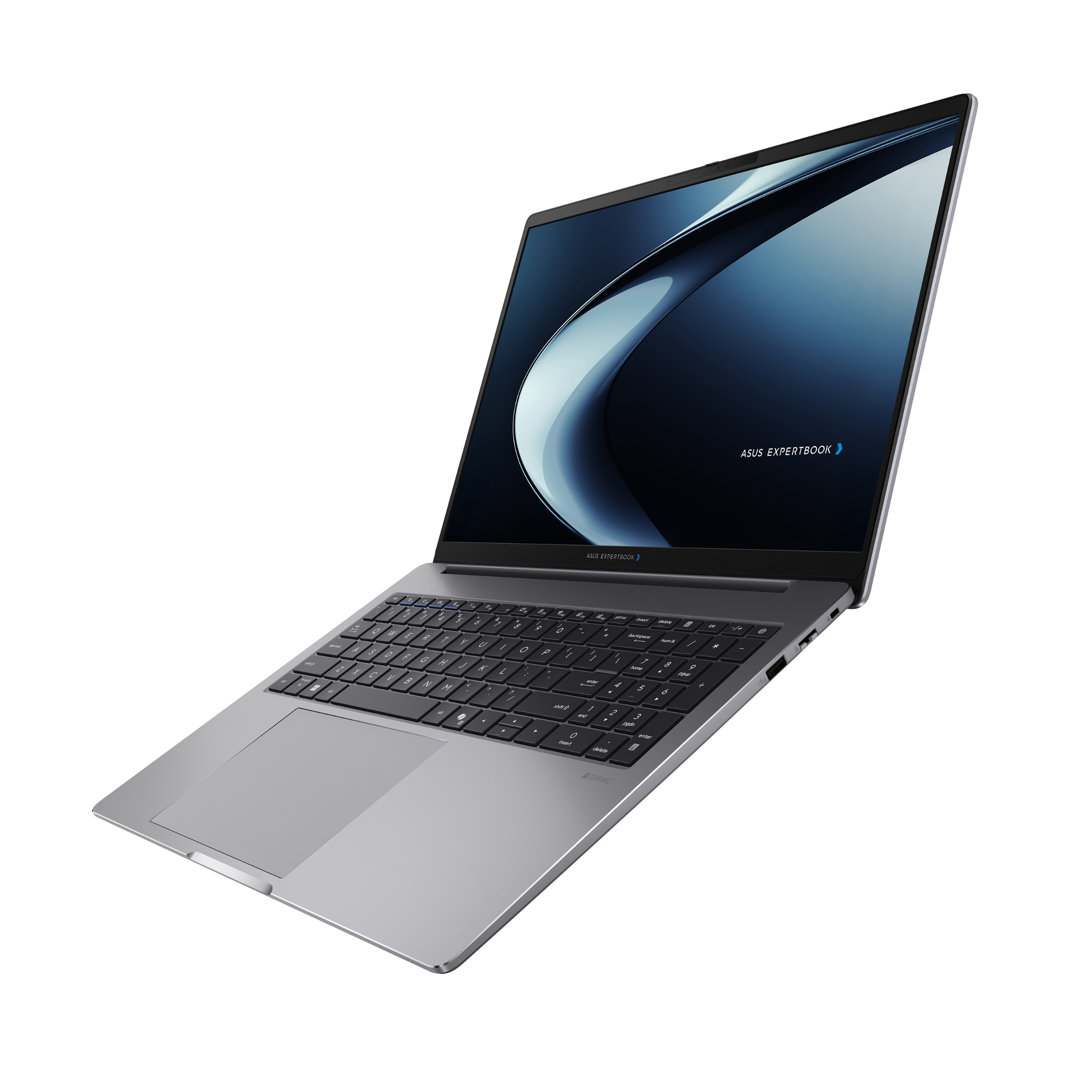 Ein silberner Asus ExpertBook Laptop ist schräg auf weißem Hintergrund abgebildet.