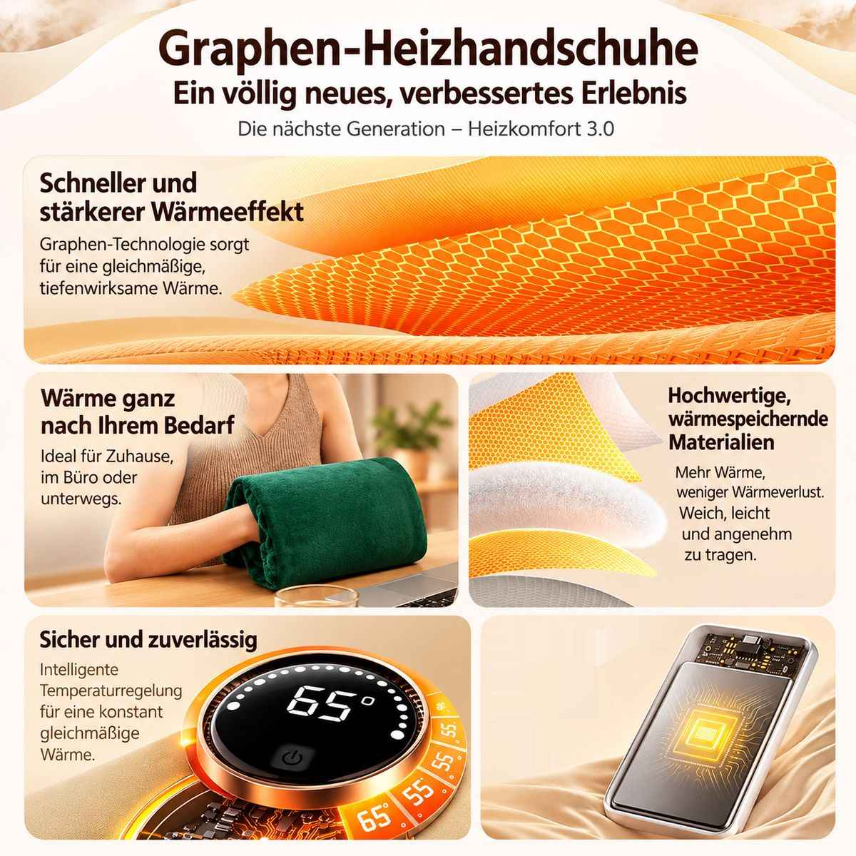 Infografik über Graphen-Heizprodukte mit technischen Details, Materialien und Temperaturregelung in deutscher Sprache.