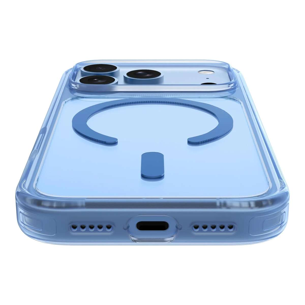 Blaue Smartphone-Hülle mit Magnetring auf der Rückseite und Anschlüssen unten.
