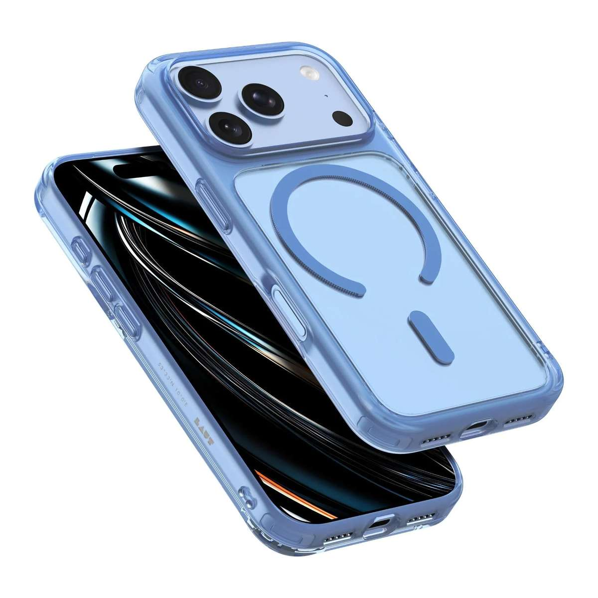 Blaue Smartphone-Hülle mit Magnetring auf der Rückseite und Aussparungen für die Kamera.