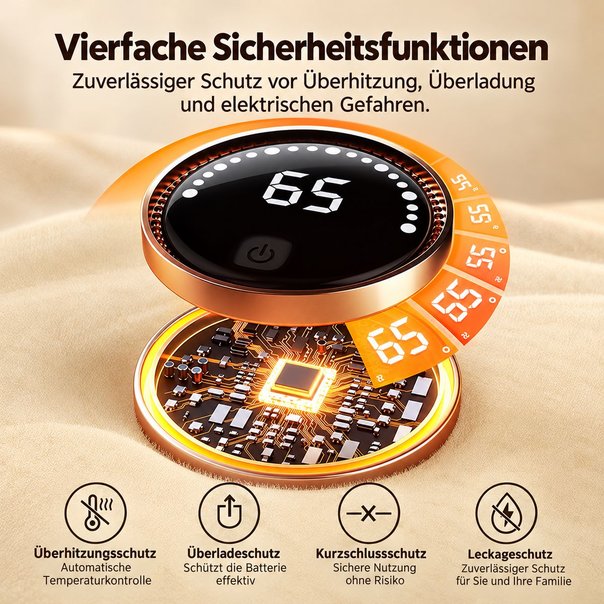 Runder digitaler Temperaturregler mit 65 Grad Anzeige und vier Sicherheitsfunktionen auf goldenem Stoffhintergrund.