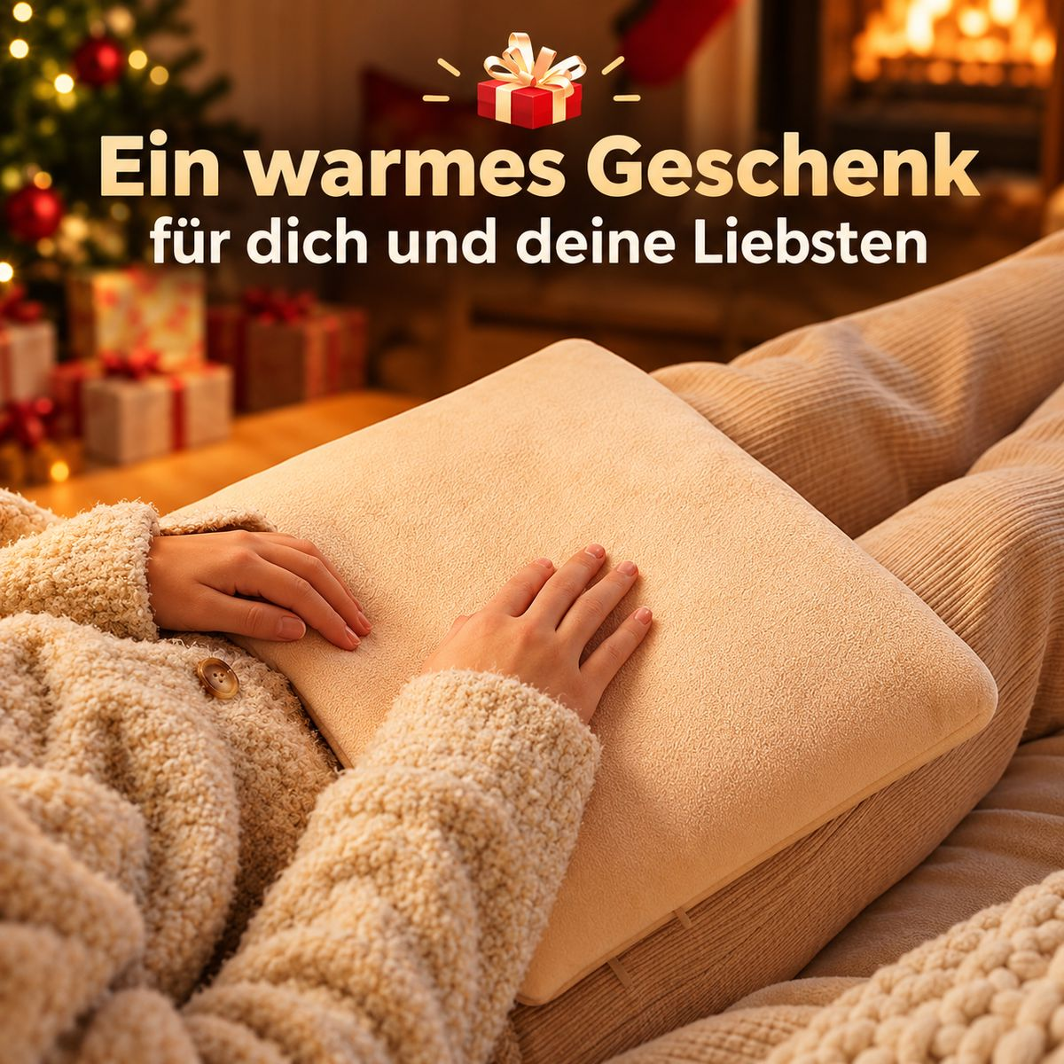 Eine Person sitzt gemütlich auf einem Sofa und hält ein warmes Kissen im Arm, im Hintergrund brennt ein Kamin.