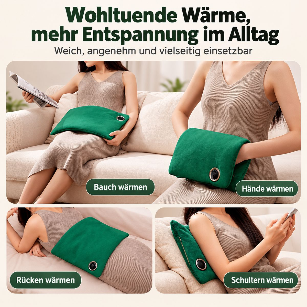 Frau verwendet ein grünes elektrisches Wärmekissen auf dem Sofa für verschiedene Körperbereiche.