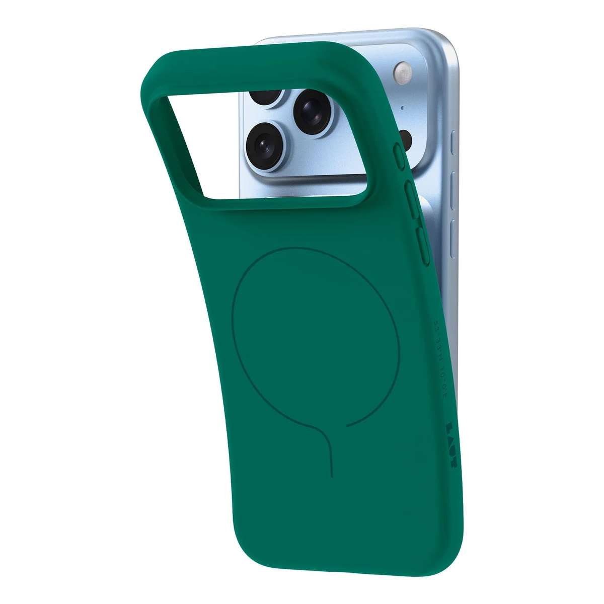 Eine grüne Silikon-Smartphone-Hülle wird teilweise auf ein silbernes Smartphone gesteckt.