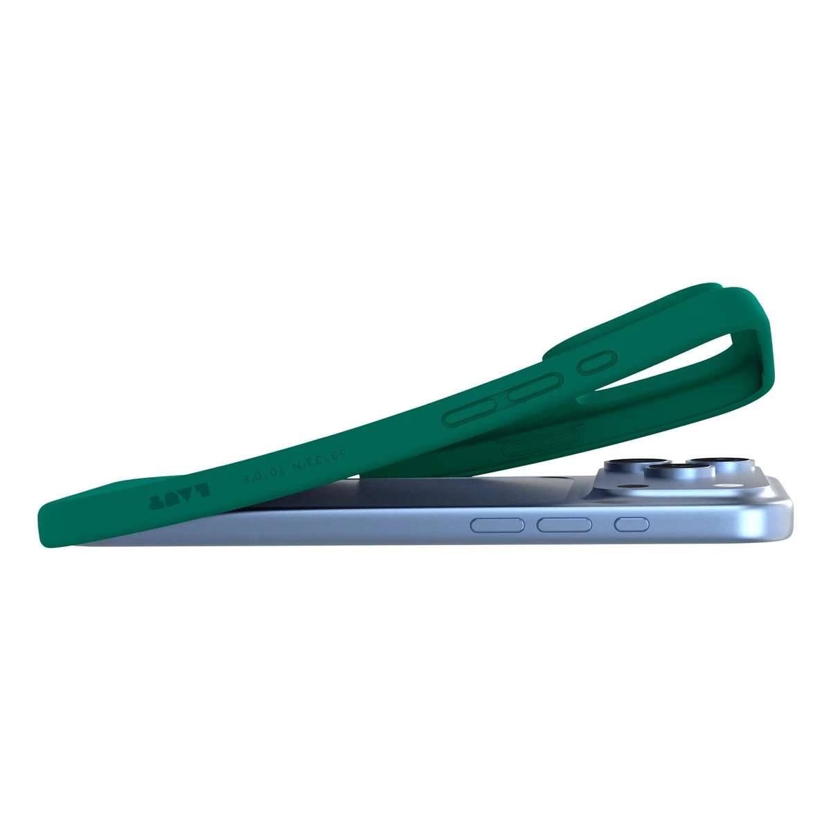 Ein blaues Smartphone mit einer dunkelgrünen Schutzhülle, die leicht angehoben ist.