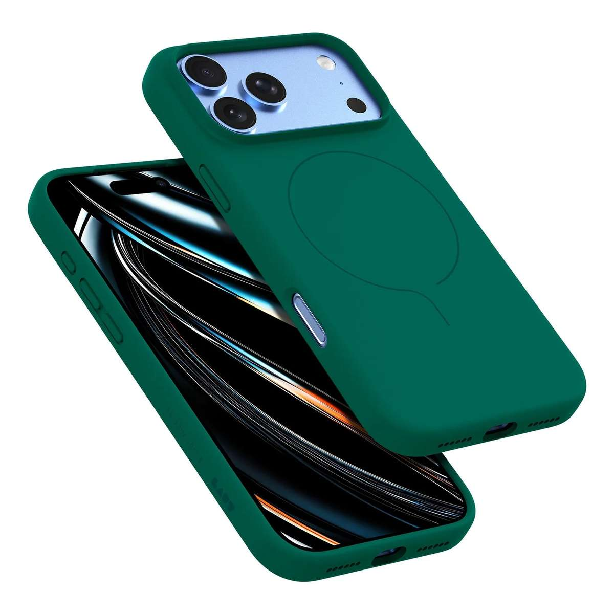 Ein Smartphone in grüner Silikonhülle zeigt Vorder- und Rückseite mit Kameralöchern und rundem Ladering.