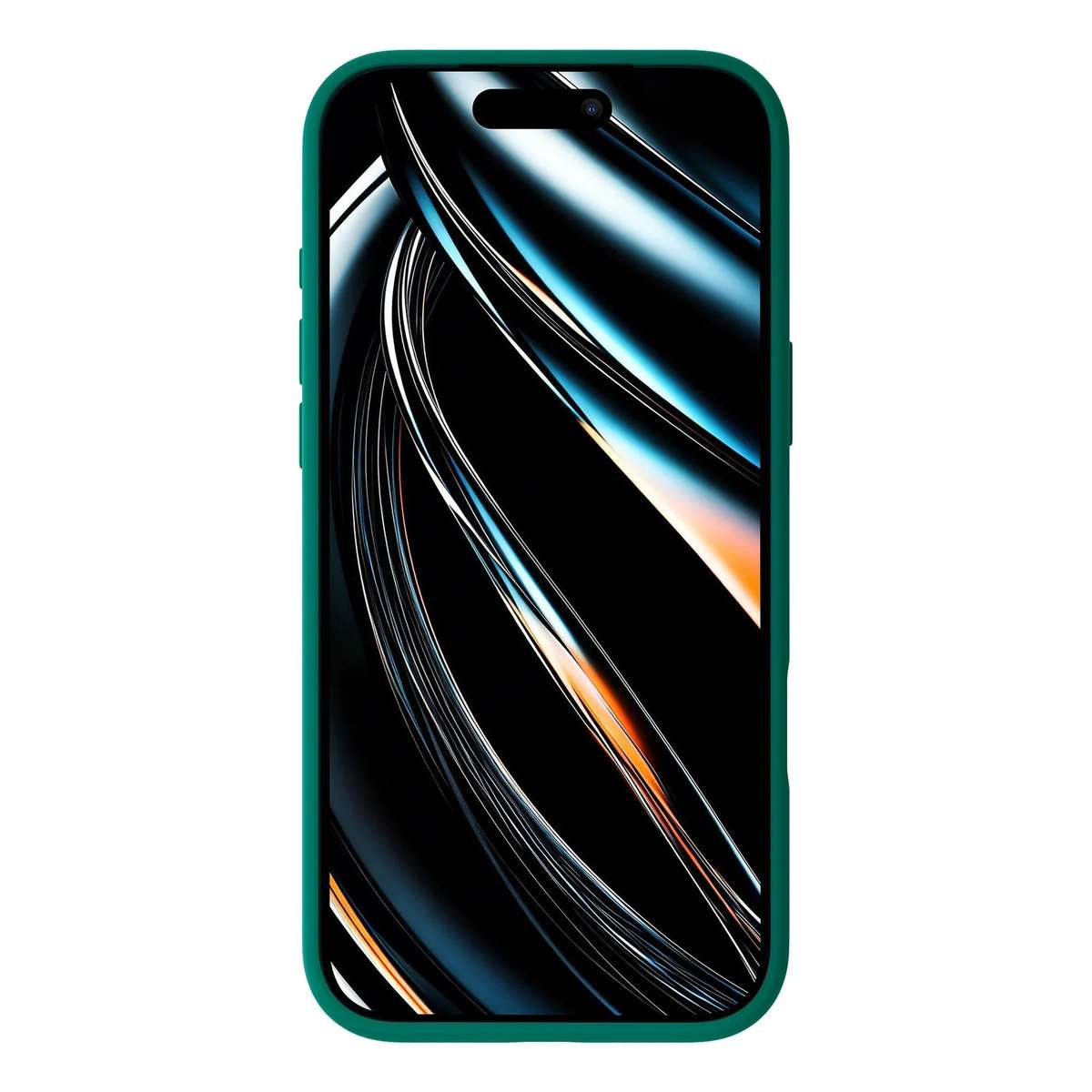 Ein Smartphone in einer grünen Hülle zeigt ein abstraktes Hintergrundbild mit weißen und orangen Linien.