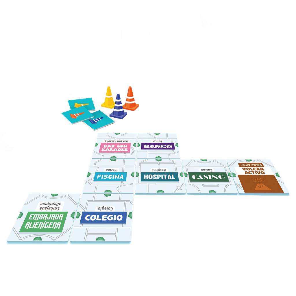 Un juego de mesa con fichas de calles, conos y símbolos sobre fondo blanco.