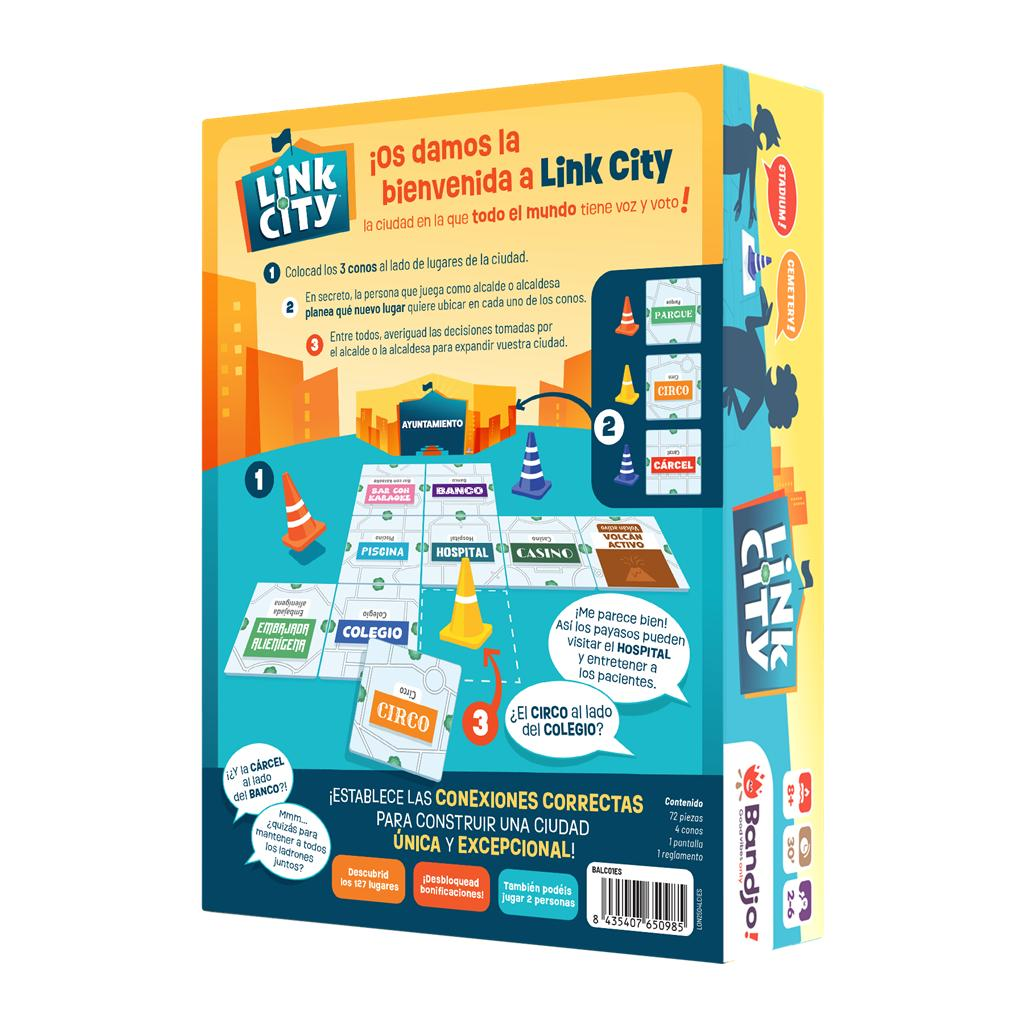 Parte trasera de la caja del juego Link City con reglas, componentes y escenas de construcción.