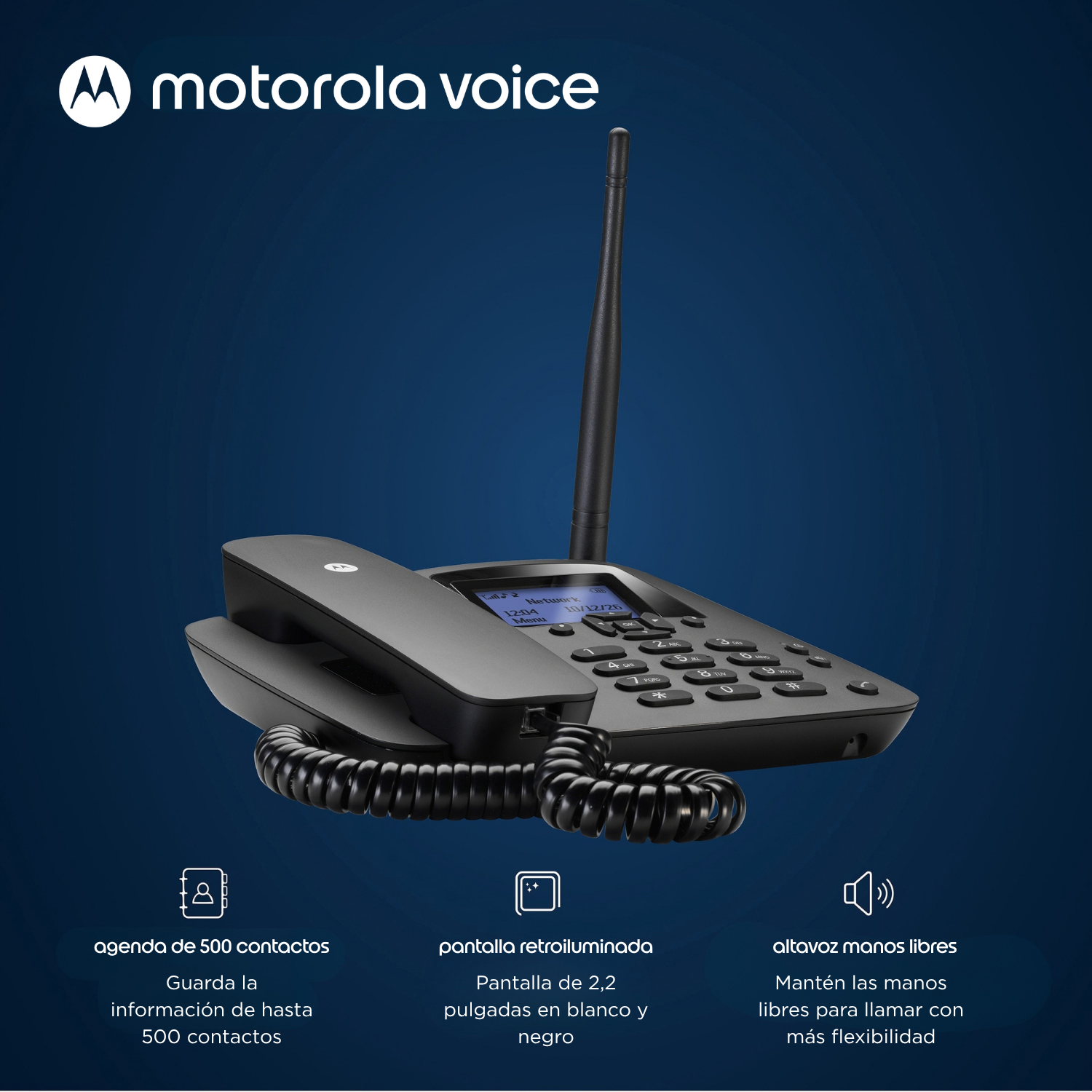 Un teléfono fijo negro Motorola Voice con antena y pantalla iluminada sobre fondo azul.
