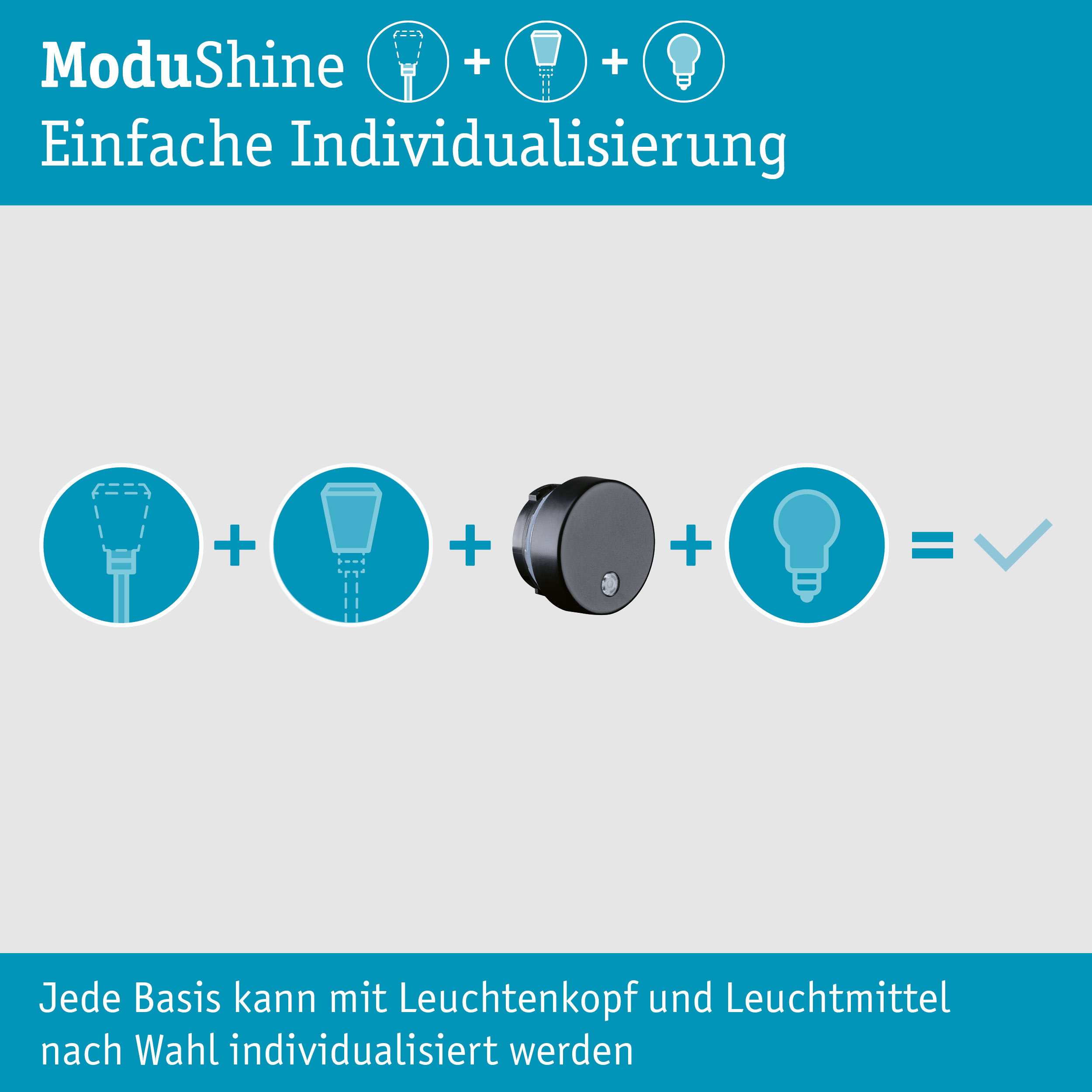 Grafik zur ModuShine Produktkonfiguration mit Leuchtenkopf und Leuchtmittel auf grauem Hintergrund.
