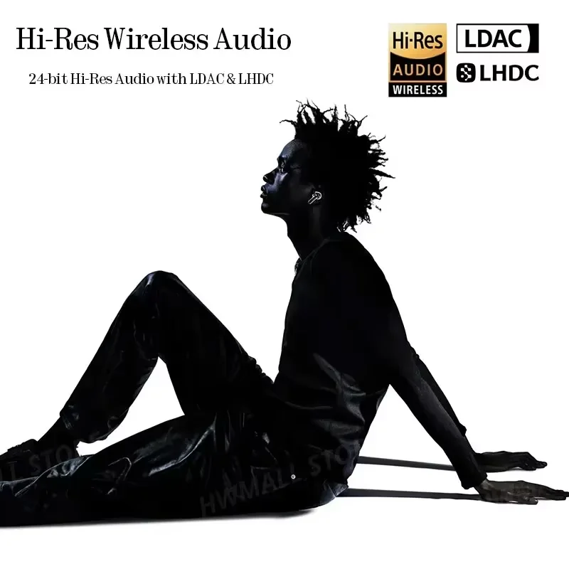 Silhoutte einer Person sitzt auf dem Boden, mit Text und Audio-Logos oben.