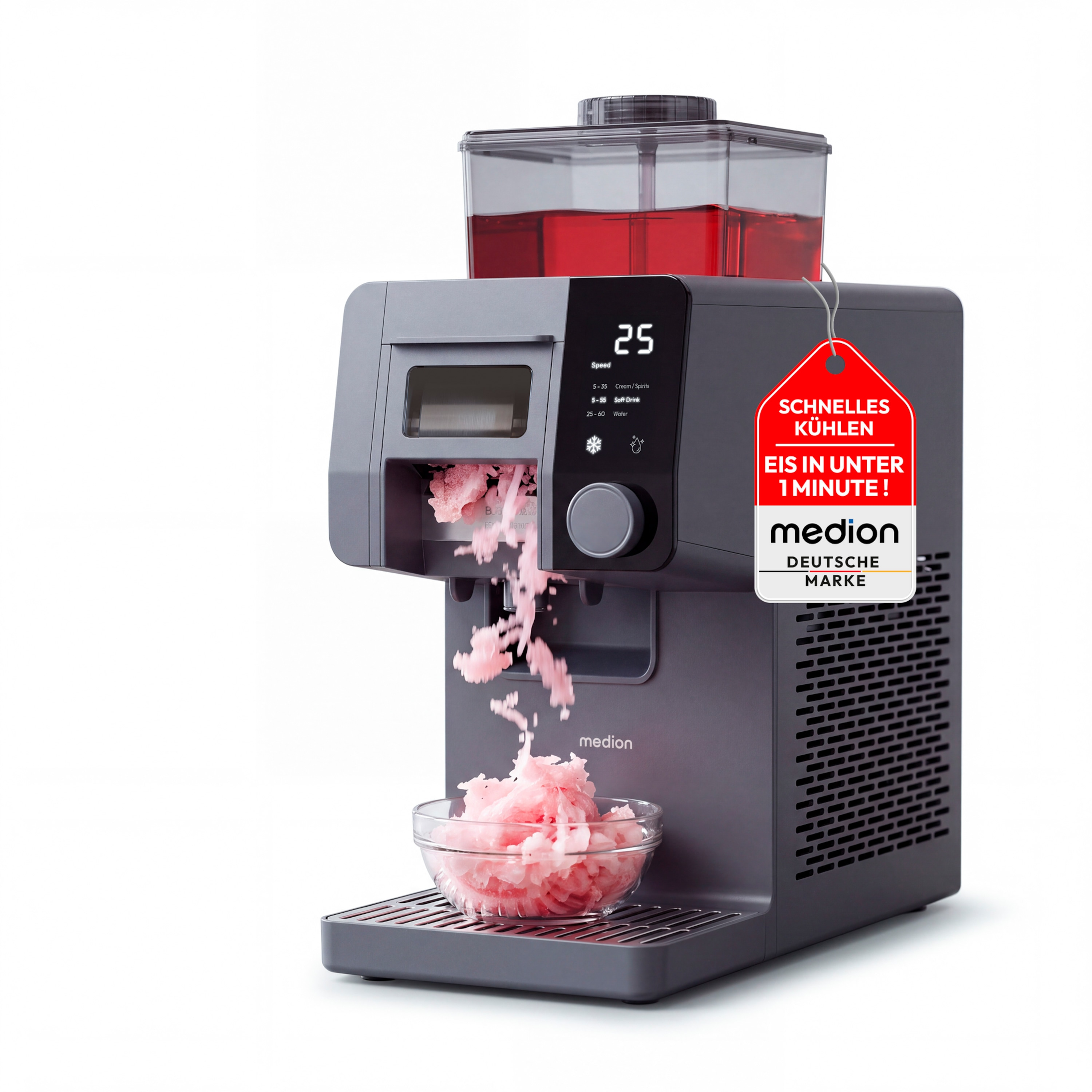 Eine graue Eismaschine von Medion füllt eine Schüssel mit rosa Eissplittern, mit einem roten Werbeetikett.